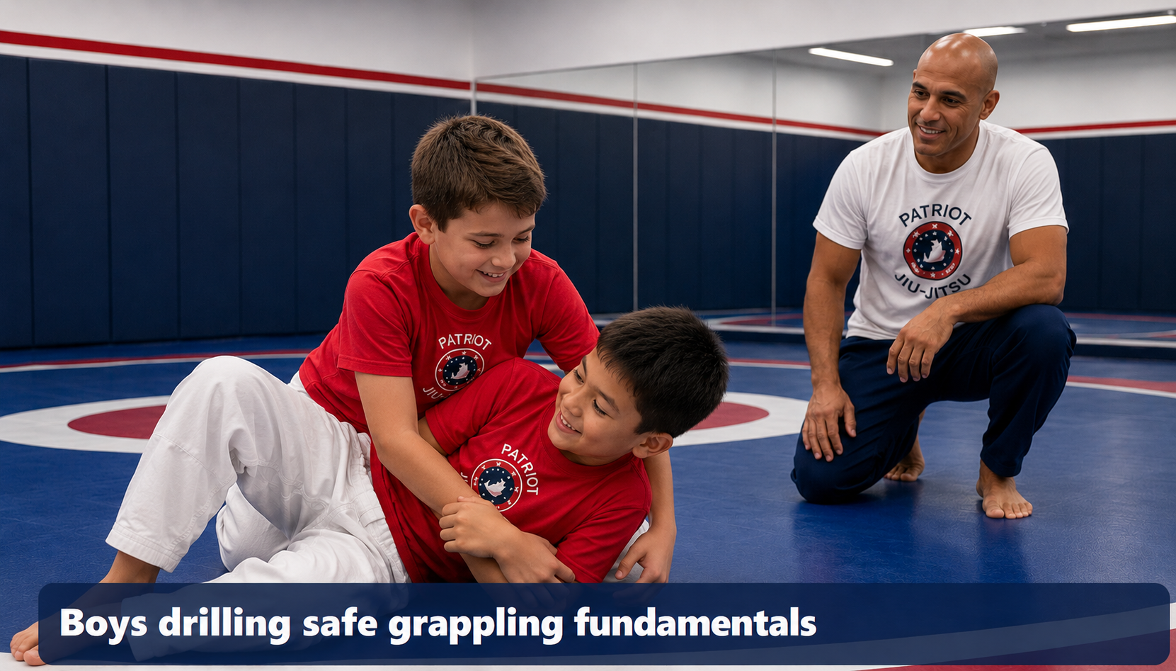 Two boys in red Patriot Jiu-Jitsu shirts drilling safe grappling fundamentals while a trainer watches in a mirrored mat room