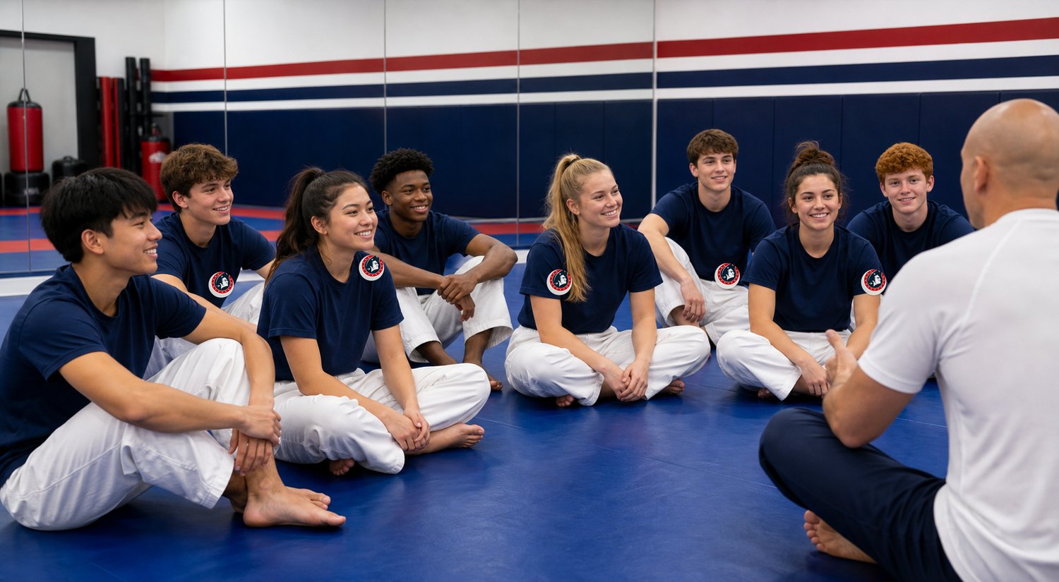Teen Jiu-Jitsu students in blue American Heritage Patriots shirts sitting on mats while a trainer teaches from the back
